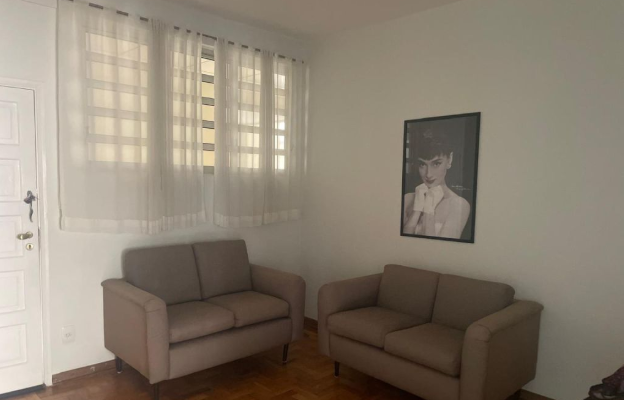 a living room with two couches and a painting